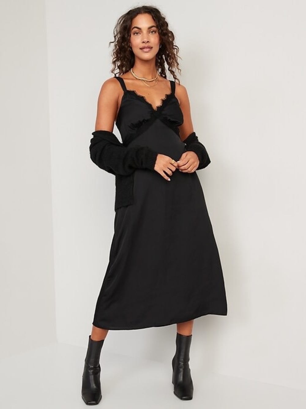 Old Navy Black Lace-Trim Slip Midi Dress